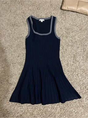 Navy Ribbed Knit Tank Dress with Gray Trim